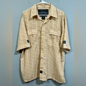 Mens Vintage 90’s Fat Joe Short Sleeve Button Up Shirt, Size XL. Tan/White.